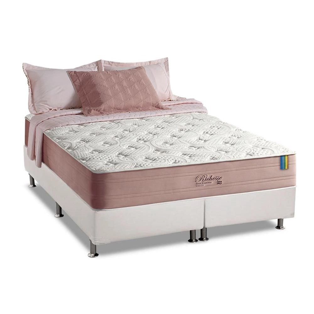 Base Box King Size 193x203 Courino - Branco + Colchão King Size Patroa dos Móveis 193×203x33 Molas Ensacadas Visco Gel–Anjos