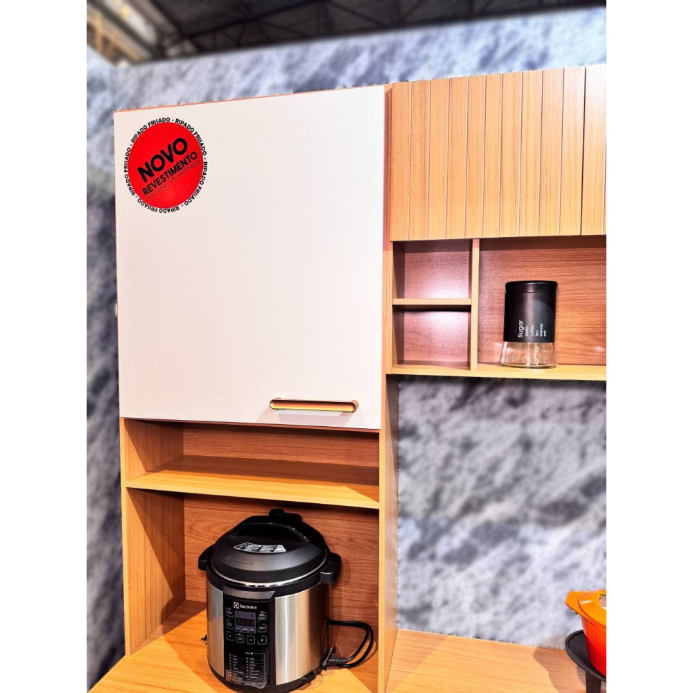 Cozinha Compacta Sicilia 10 Portas e 04 Peças Ripado Frisado - Freijo/Off Acetinado