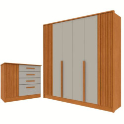 Guarda Roupa Casal Guarani c/ 6 Portas 4 Gavetas + Cômoda Guarani c/ 4 Gavetas e 1 Porta Ripada - Cinamomo/Off White