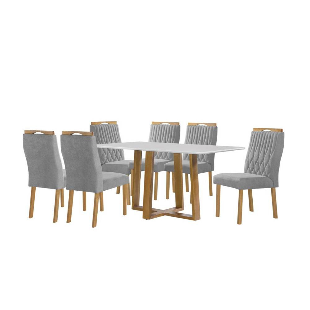 Mesa de Jantar Pedro 160x80 c/ 6 Cadeiras Genova Prata - Mel / Off White