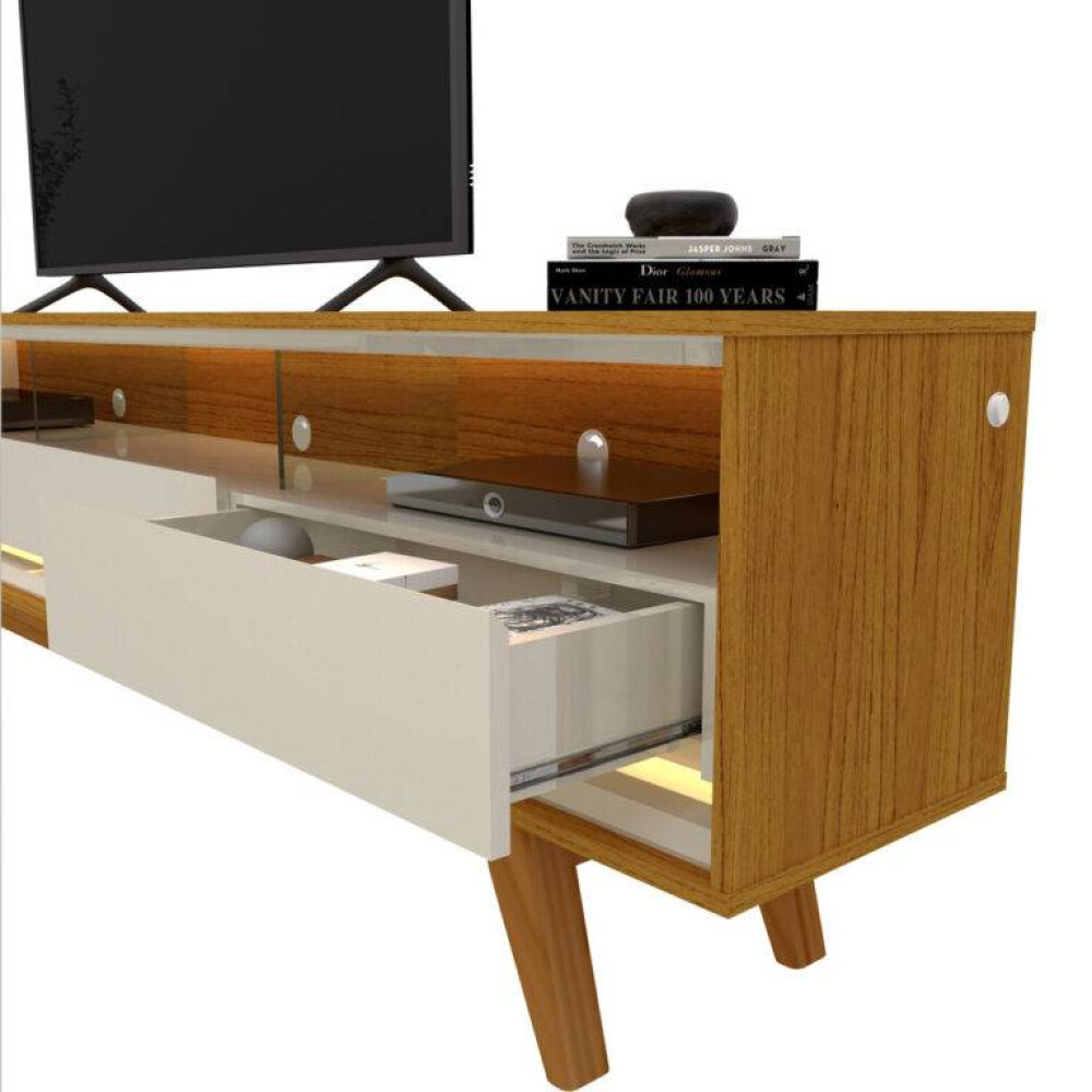 Rack Requinte 212 cm para Tvs até 65" Requinte c/ Led e pés Palito - Naturale / Off White