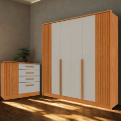 Guarda Roupa Casal Guarani c/ 6 Portas 4 Gavetas + Cômoda Guarani c/ 4 Gavetas e 1 Porta Ripada - Cinamomo/Off White