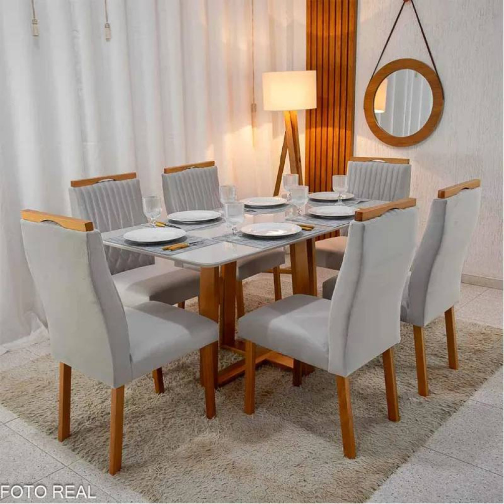 Mesa de Jantar Pedro 160x80 c/ 6 Cadeiras Genova Prata - Mel / Off White