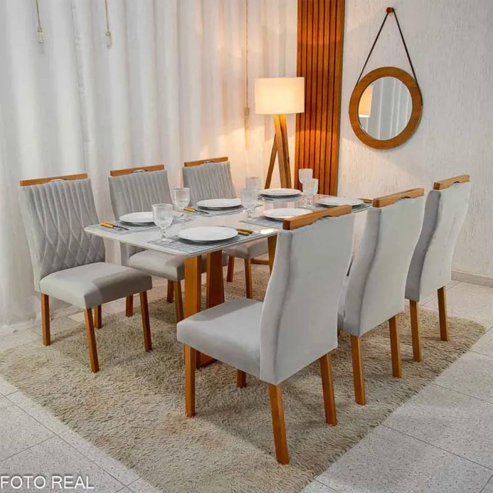 Mesa de Jantar Pedro 160x80 c/ 6 Cadeiras Genova Prata - Mel / Off White