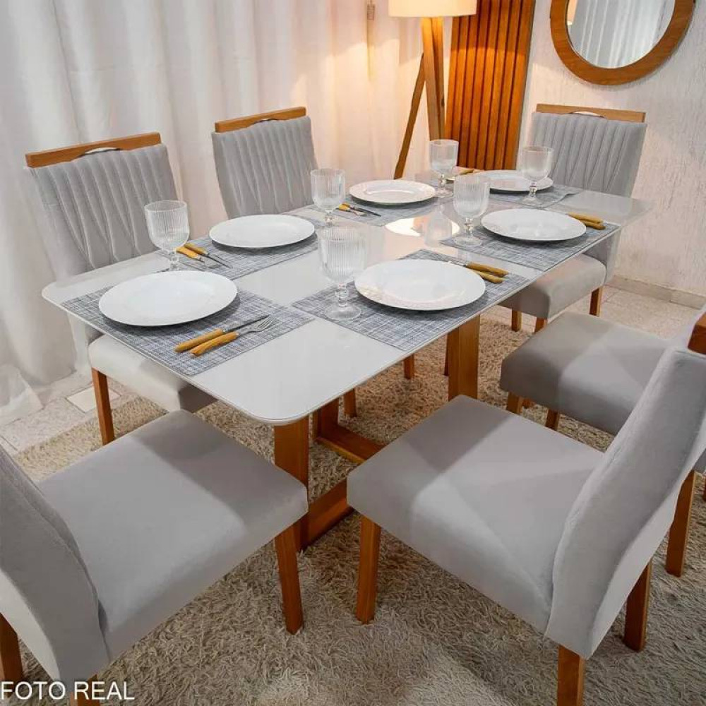 Mesa de Jantar Pedro 160x80 c/ 6 Cadeiras Genova Prata - Mel / Off White