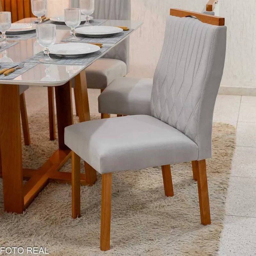 Mesa de Jantar Pedro 160x80 c/ 6 Cadeiras Genova Prata - Mel / Off White