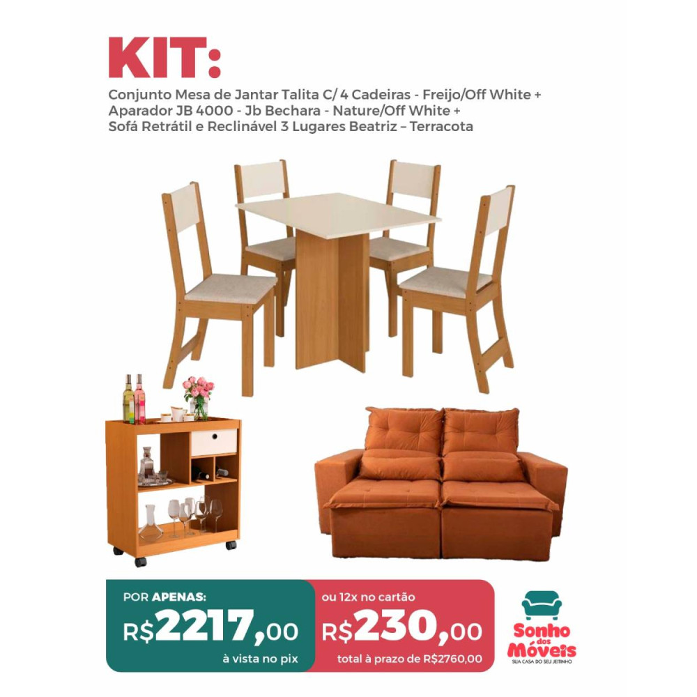 KIT - Conjunto Mesa de Jantar Talita C/ 4 Cadeiras - Freijo/Off White + Aparador JB 4000 - Jb Bechara - Nature/Off White + Sofá Retrátil e Reclinável 3 Lugares Beatriz – Terracota