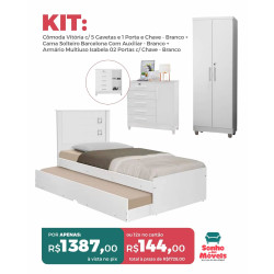 KIT - Cômoda Vitória c/ 5 Gavetas e 1 Porta e Chave - Branco + Cama Solteiro Barcelona Com Auxiliar - Branco + Armário Multiuso Isabela 02 Portas c/ Chave - Branco KIT - Cômoda Vitória c/ 5 Gavetas e 1 Porta e Chave - Branco + Cama Solteiro Barcelona Com Auxiliar - Branco + Armário Multiuso Isabela 02 Portas c/ Chave - Branco