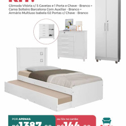 KIT - Cômoda Vitória c/ 5 Gavetas e 1 Porta e Chave - Branco + Cama Solteiro Barcelona Com Auxiliar - Branco + Armário Multiuso Isabela 02 Portas c/ Chave - Branco KIT - Cômoda Vitória c/ 5 Gavetas e 1 Porta e Chave - Branco + Cama Solteiro Barcelona Com Auxiliar - Branco + Armário Multiuso Isabela 02 Portas c/ Chave - Branco