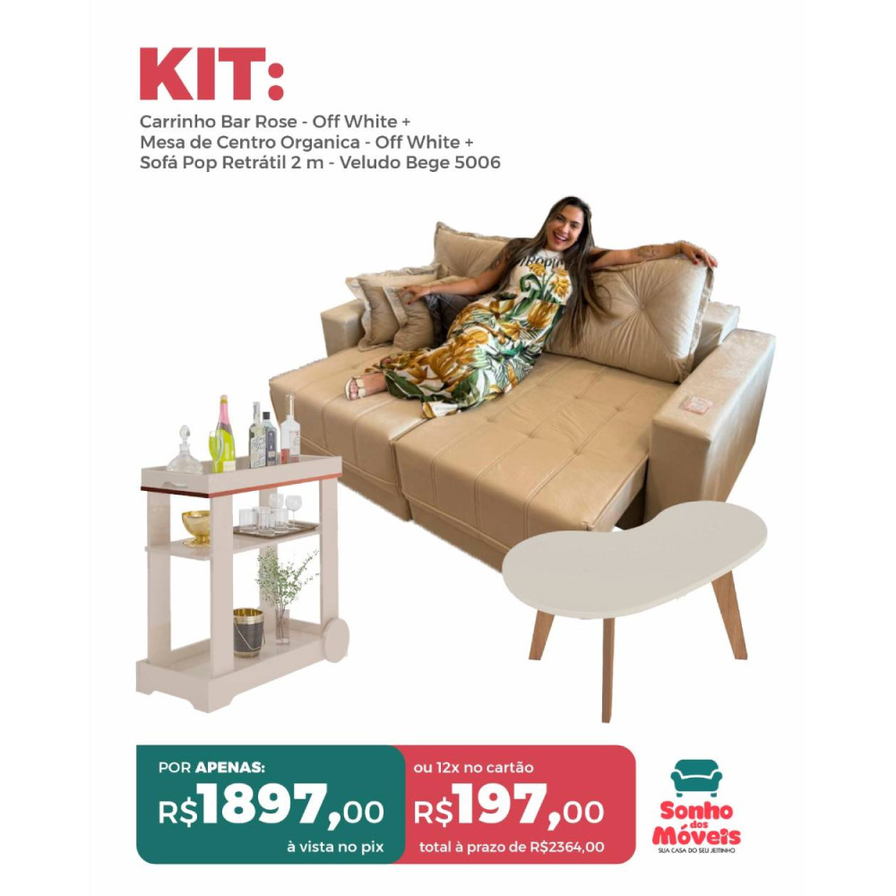 KIT - Carrinho Bar Rose - Off White + Mesa de Centro Organica - Off White + Sofá Pop Retrátil 2 m - Veludo Bege 5006