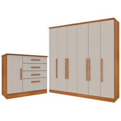 Guarda Roupa Veneza 6 Portas 4 Gavetas Tcil Móveis + Cômoda Chicago C/ Sapateira 4 Gavetas com 1 Porta Tcil Móveis - Cinamomo/Off White