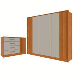 Guarda Roupa Barcelona Ripado 6 Portas c/ 6 Gavetas Tcil Móveis + Cômoda Ripada Barcelona C/ Sapateira 4 Gavetas com 1 Porta Tcil Móveis - Cinamomo/Off White