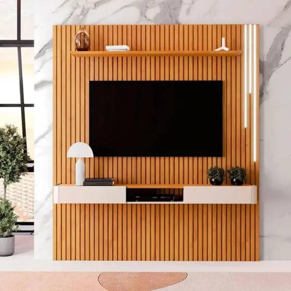 Painel Ripado Lyon com Nicho Lyon 186cm 3 Gavetas c/ Led cascata e Prateleira - Naturalle / Off White