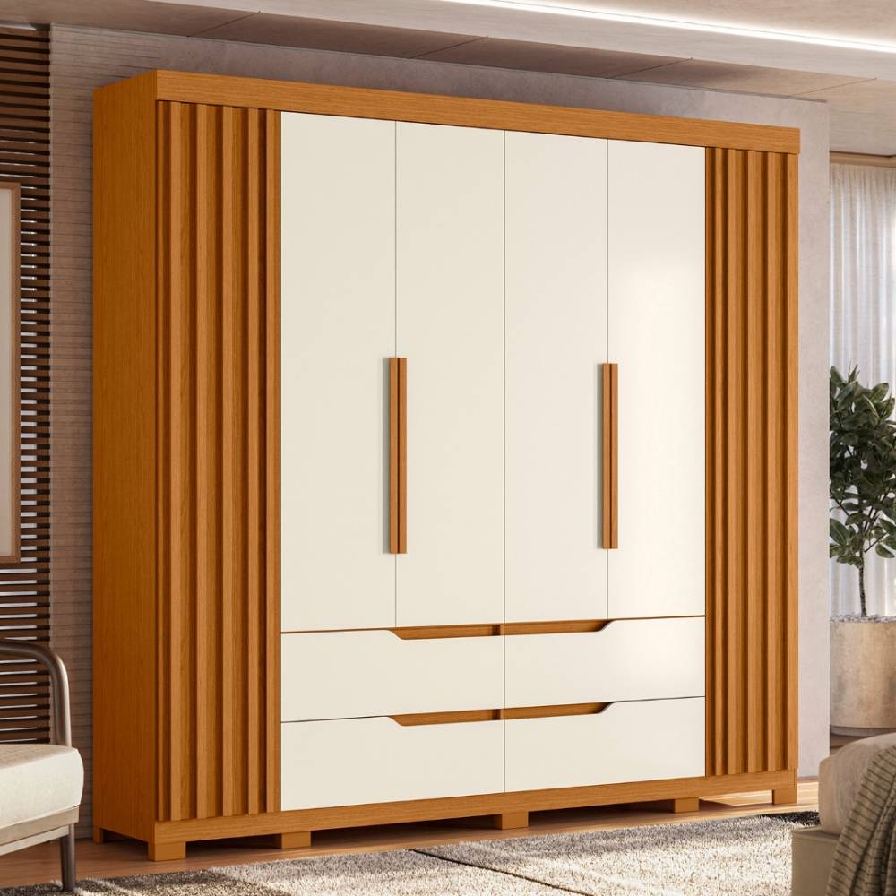 Guarda Roupa Casal Doble Ripado 6 Portas 4 Gavetas - Cinamomo/Off White