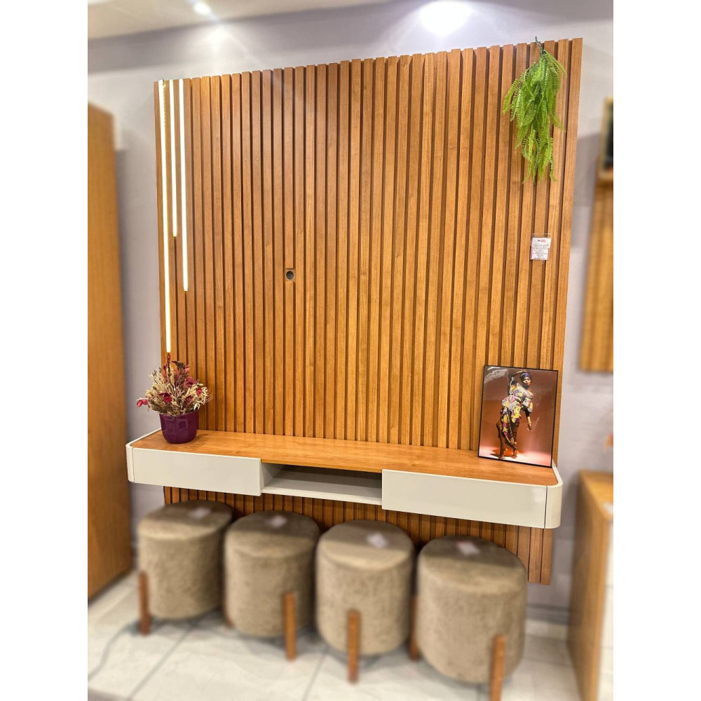 Painel Ripado Lyon com Nicho Lyon 186cm 3 Gavetas c/ Led cascata e Prateleira - Naturalle / Off White
