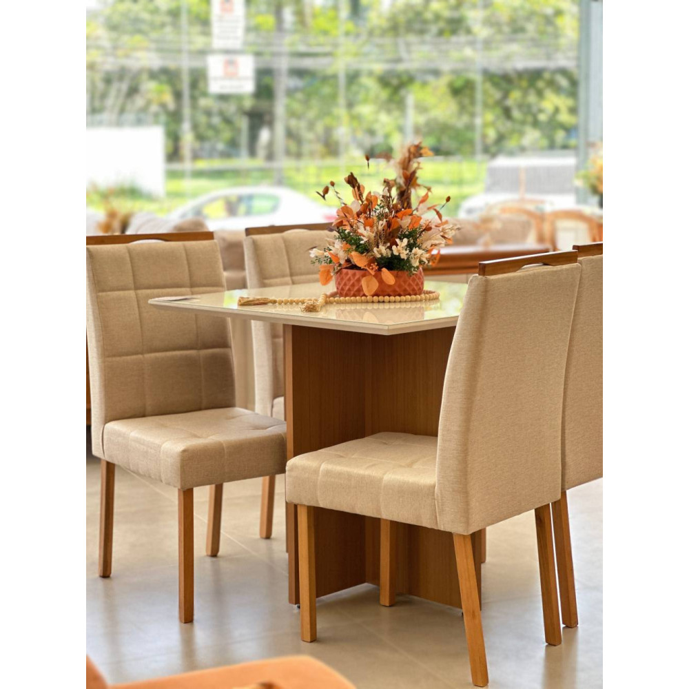 Mesa de Jantar Helo 120x90 c/ 4 Cadeira Julia- Linho Bege - Freijo/Off White