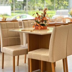 Mesa de Jantar Helo 90x90 c/ 4 Cadeira Julia - Linho Bege - Freijo/Off White Mesa de Jantar Helo 90x90 c/ 4 Cadeira Julia - Linho Bege - Freijo/Off White