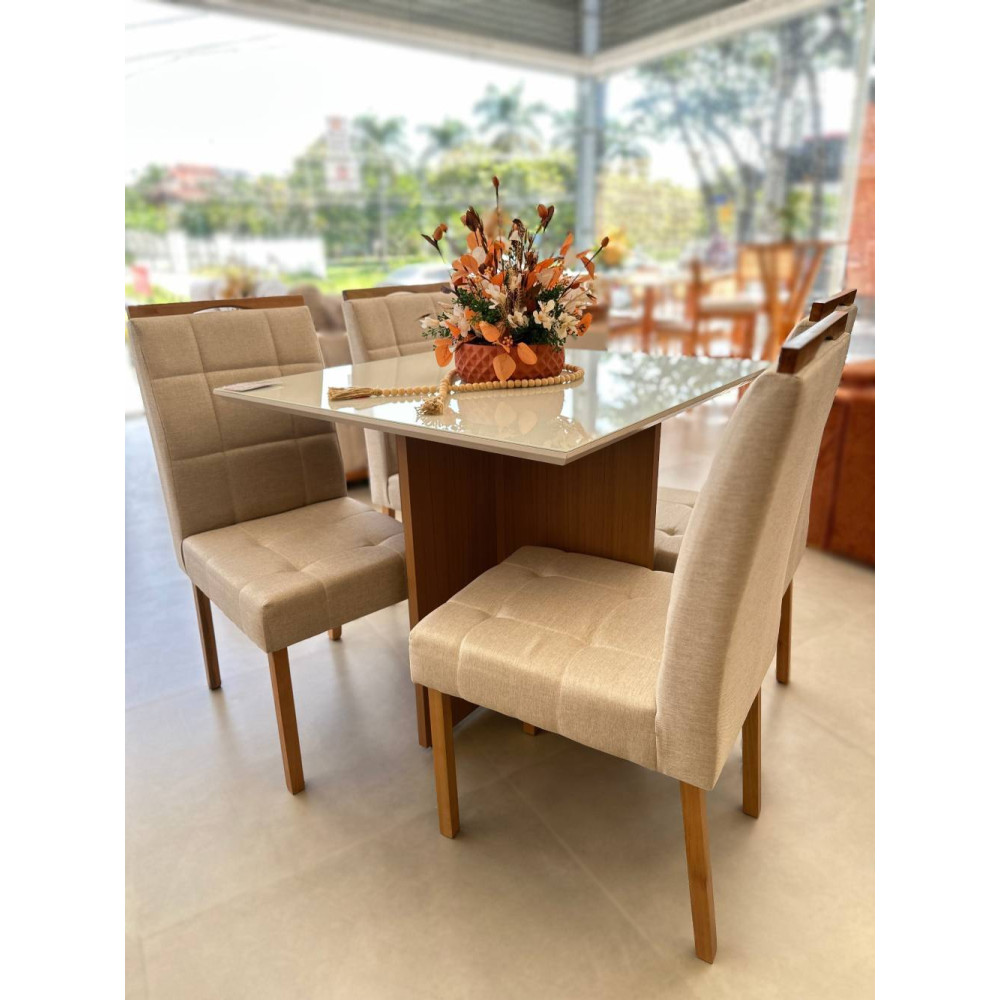 Mesa de Jantar Helo 120x90 c/ 4 Cadeira Julia- Linho Bege - Freijo/Off White