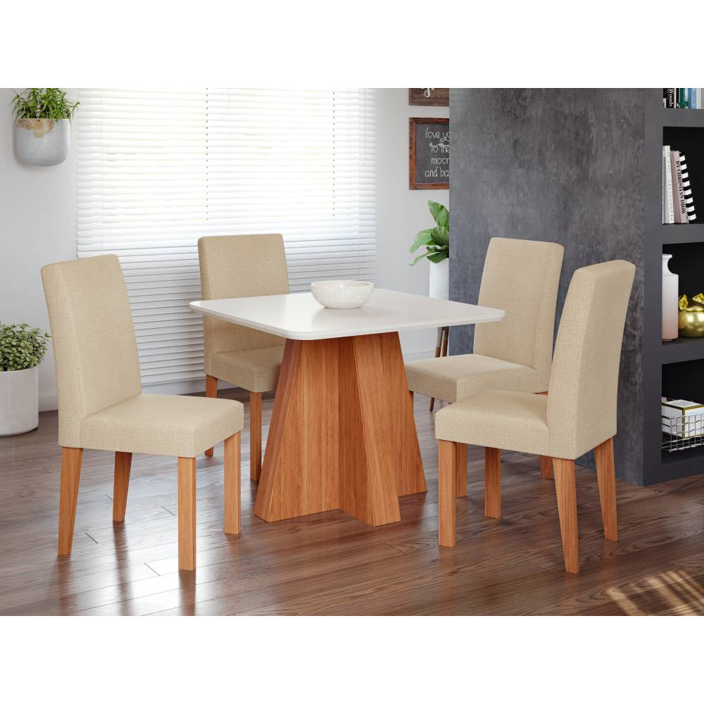 Mesa de Jantar Larissa 95x95 c/ 4 Cadeira Maia - Nature Gengibre - Cinamomo/Off White