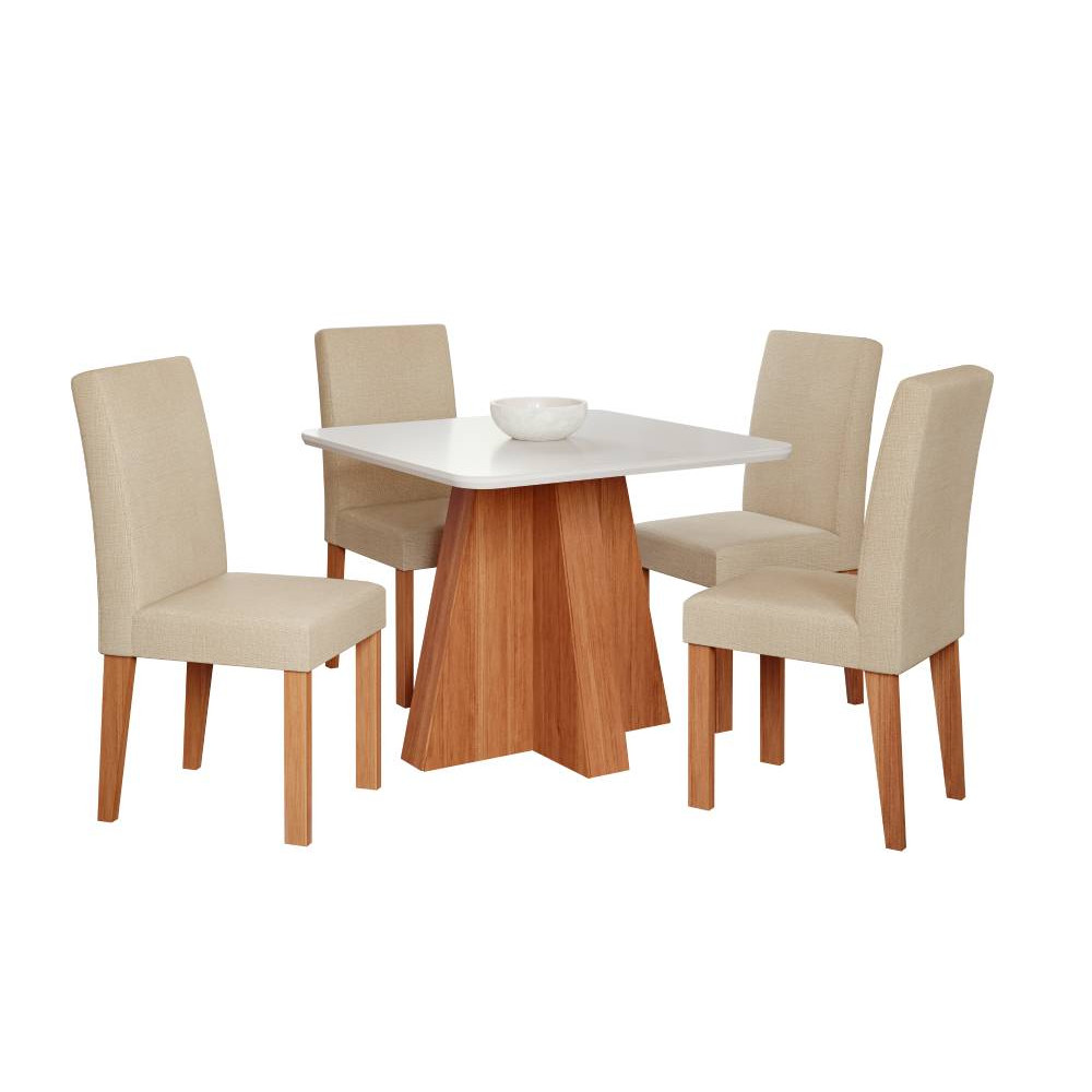 Mesa de Jantar Larissa 95x95 c/ 4 Cadeira Maia - Nature Gengibre - Cinamomo/Off White