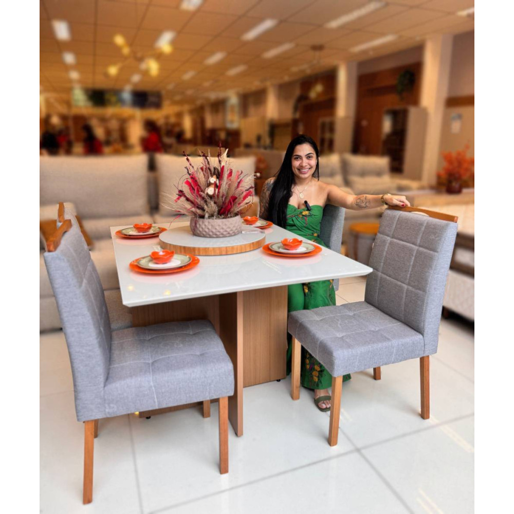 Mesa de Jantar Helo 120x90 c/ 4 Cadeira Julia- Linho Cinza - Freijo/Off White