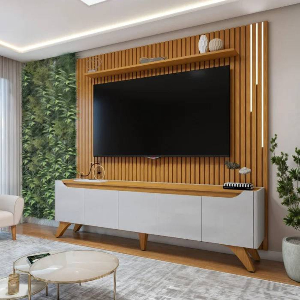 Rack Atenas c/ Painel Ripado Lyon 227 c/ Led cascata e Prateleira - Off White/ Naturalle