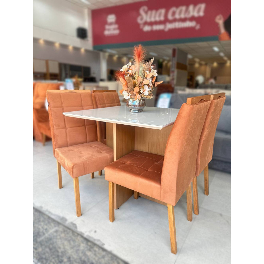 Mesa de Jantar Helo 120x90 c/ 4 Cadeira Julia- Veludo Terracota - Freijo/Off White