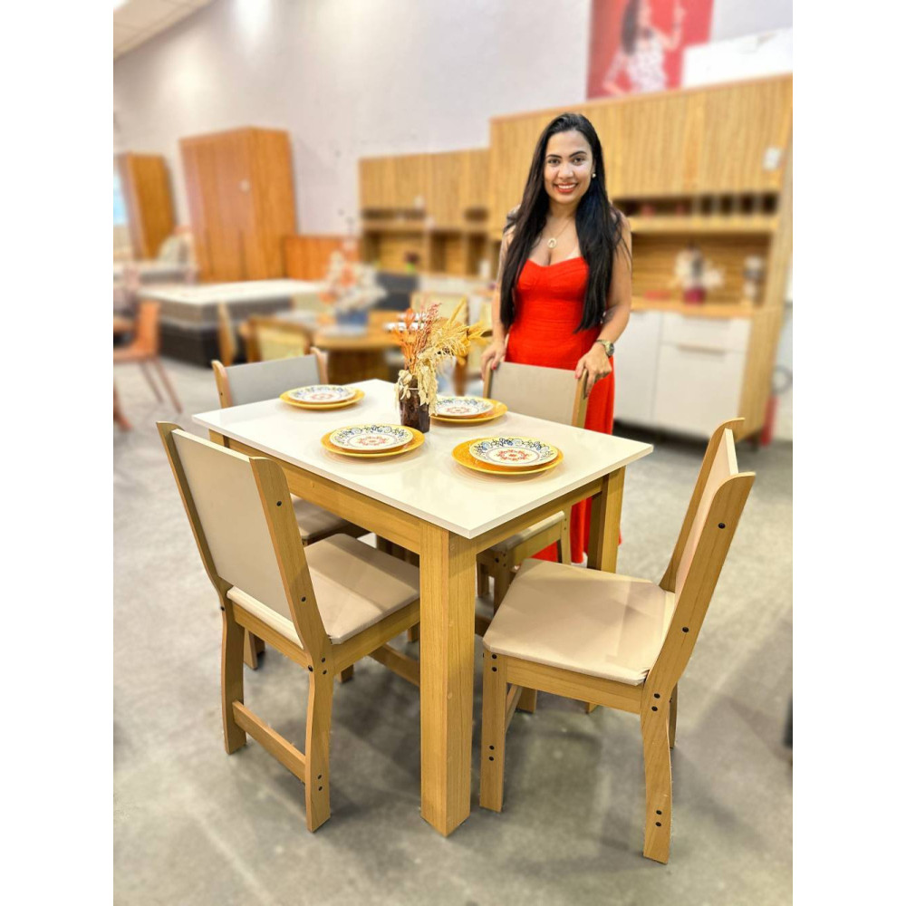 Conjunto Mesa de Jantar Bellagio 108x68cm Com 4 Cadeiras Clara - Freijo/Off White 