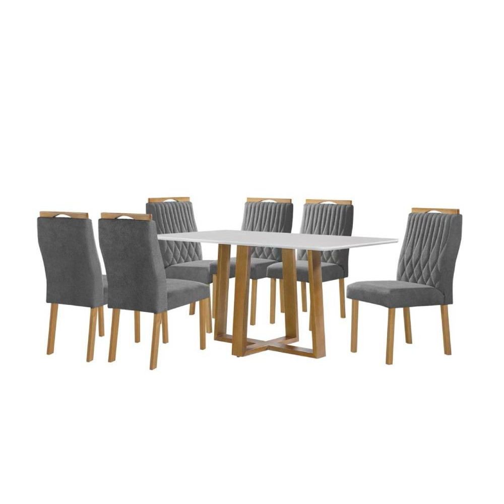 Mesa de Jantar Pedro 160x80 c/ 6 Cadeiras Genova Cinza - Mel / Off White
