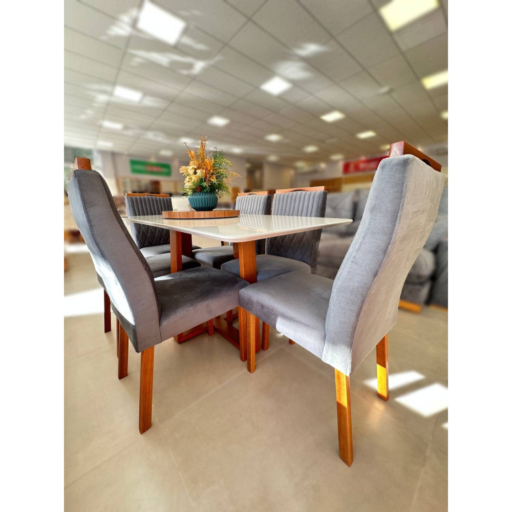 Mesa de Jantar Pedro 160x80 c/ 6 Cadeiras Genova Cinza - Mel / Off White