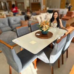 Mesa de Jantar Pedro 160x80 c/ 6 Cadeiras Genova Cinza - Mel / Off White