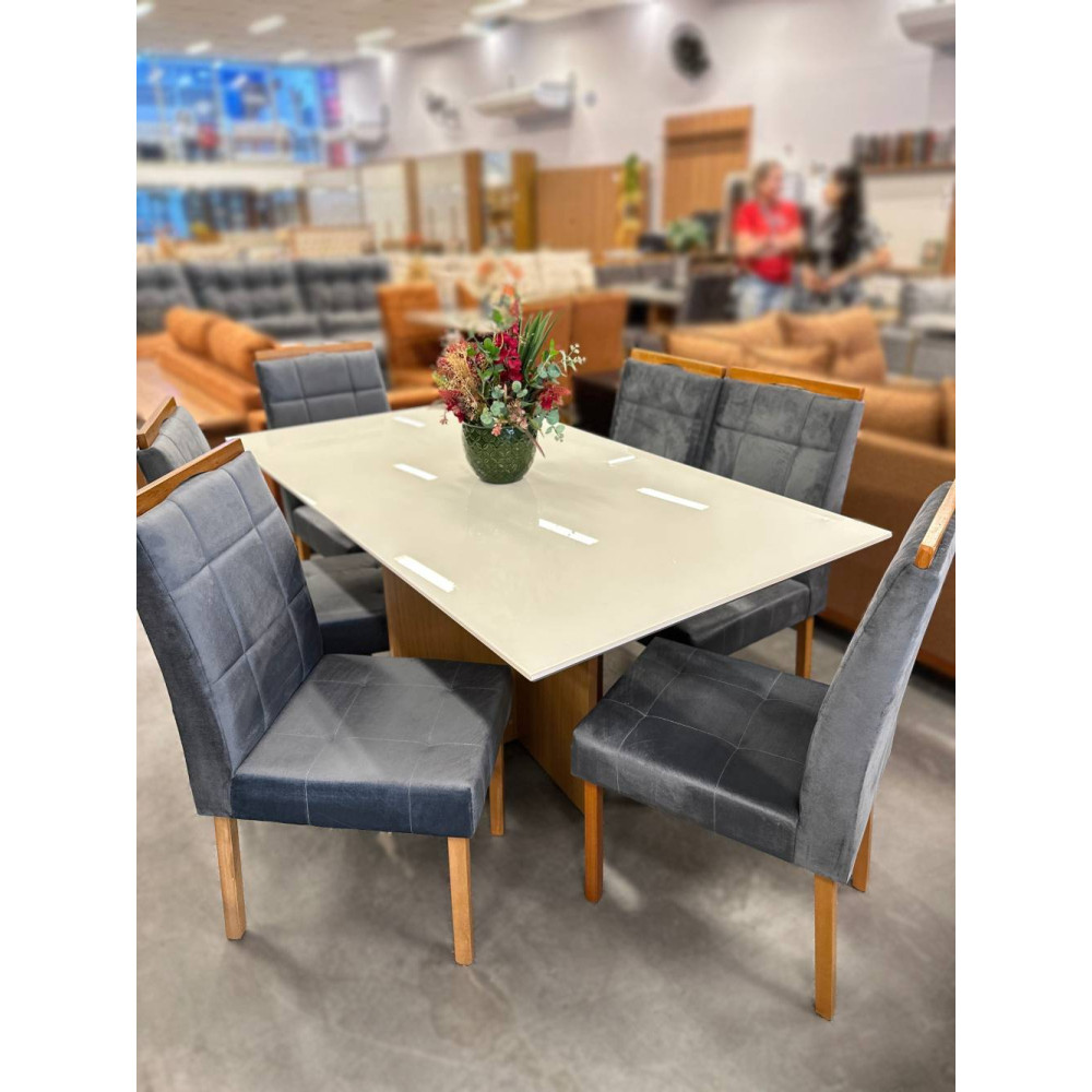 Mesa de Jantar Helo 160x90 c/ 6 Cadeira Julia - Veludo Cinza- Freijo/Off White