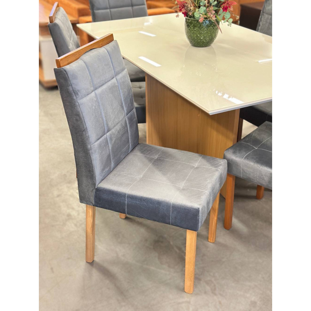 Mesa de Jantar Helo 160x90 c/ 6 Cadeira Julia - Veludo Cinza- Freijo/Off White