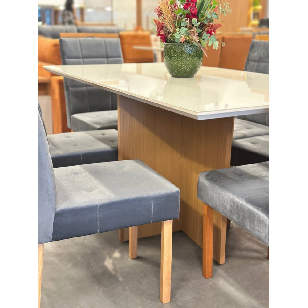 Mesa de Jantar Helo 160x90 c/ 6 Cadeira Julia - Veludo Cinza- Freijo/Off White