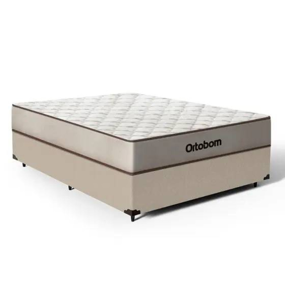 Base Cama Box Casal Courino – Bege + Colchão Ortobom Robust Dupla Face Casal 138x188x20
