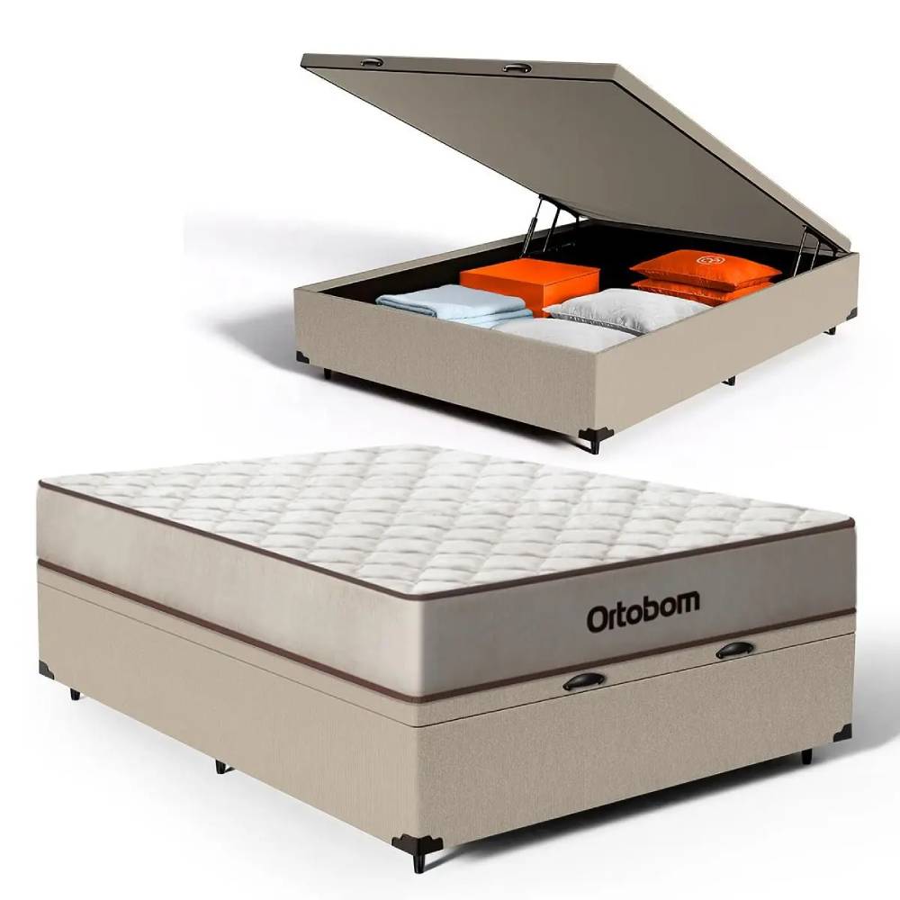 Base Baú Casal Courino - Bege + Colchão Ortobom Robust Dupla Face Casal 138x188x20