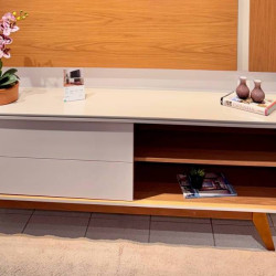 Rack Bancada Otawa para Tvs até 65" - Off White Matte / Freijó