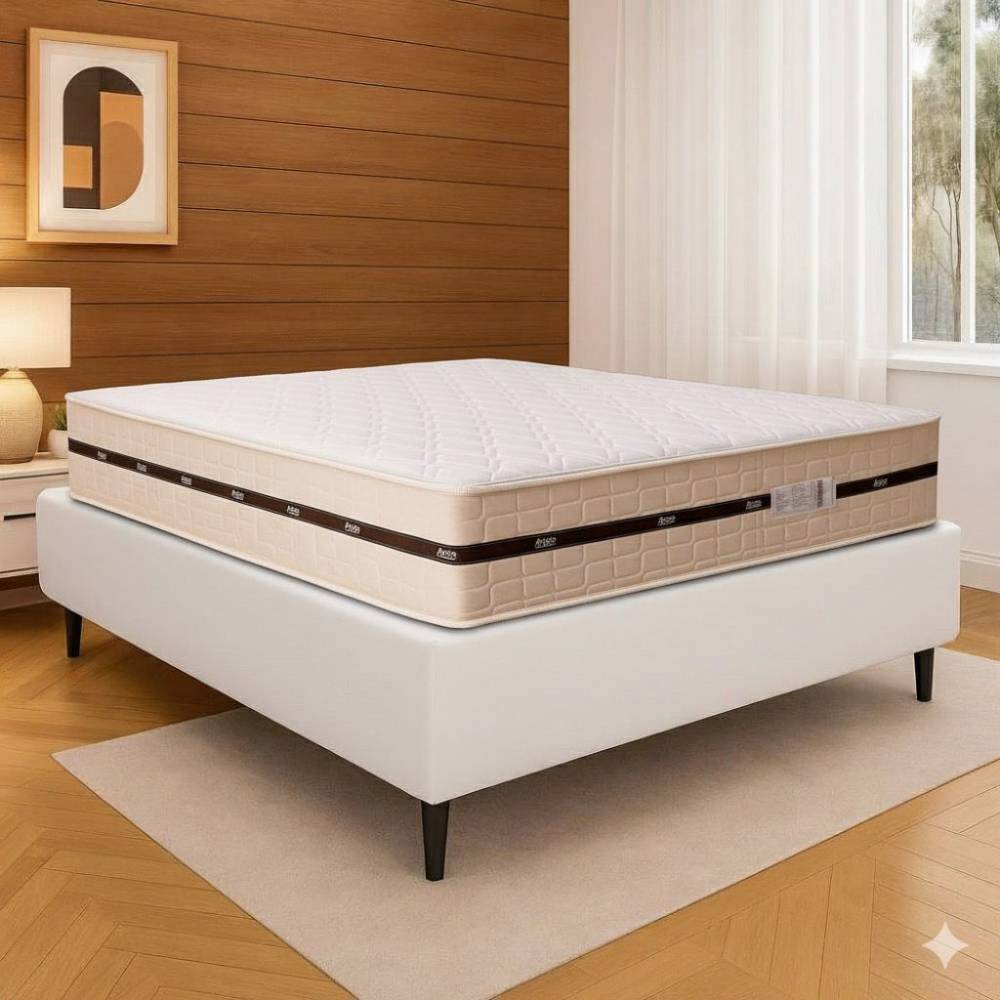 Colchão Royal Casal c/ Molas Ensacadas 32X188X138 - Bege + Base Cama Box Casal Courino - Branco