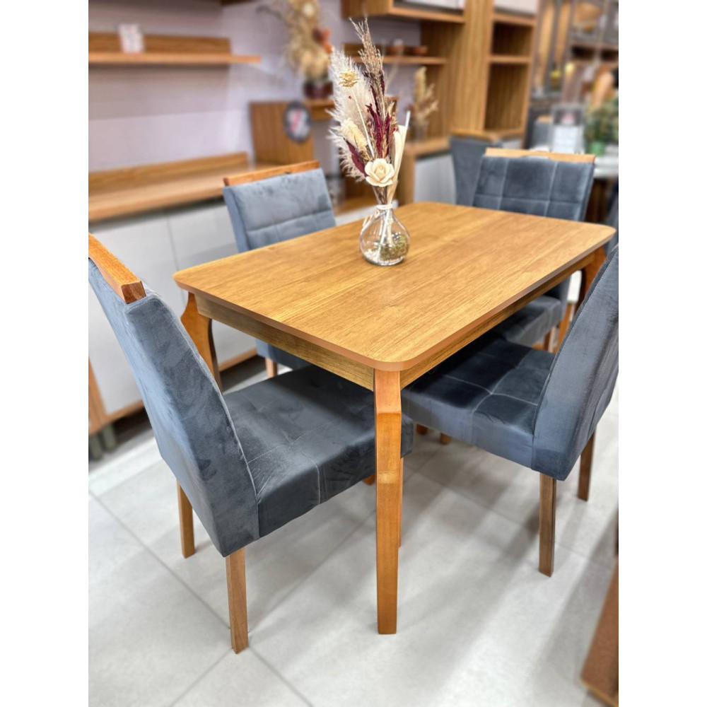 Mesa de Jantar Alegra Canto Copo 1,20 X 0,80 C/ 4 Cadeiras Julia - Veludo Cinza