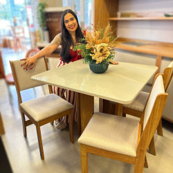 Mesa de Jantar Anjo Tampo c/ Vidro 90x90 c/ 4 Cadeiras Sol - Linho Bronze