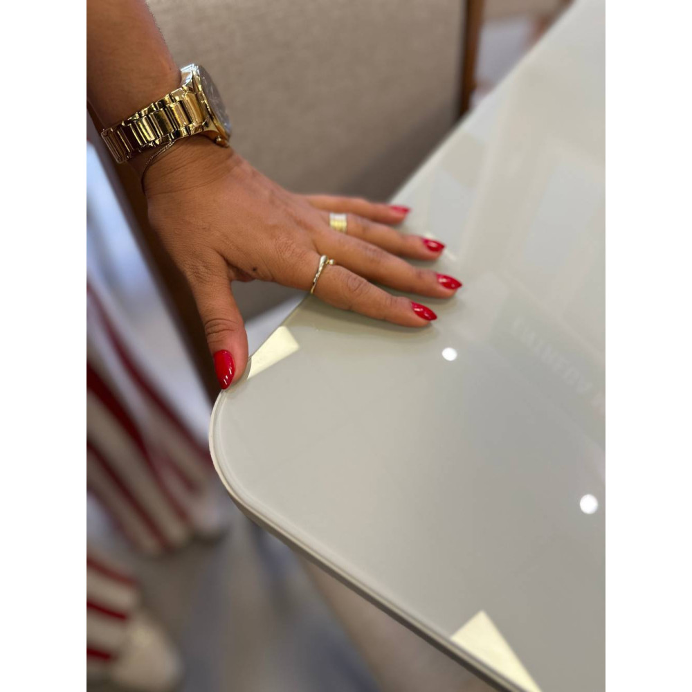 Mesa de Jantar Anjo Tampo c/ Vidro 90x90 c/ 4 Cadeiras Sol - Linho Bronze