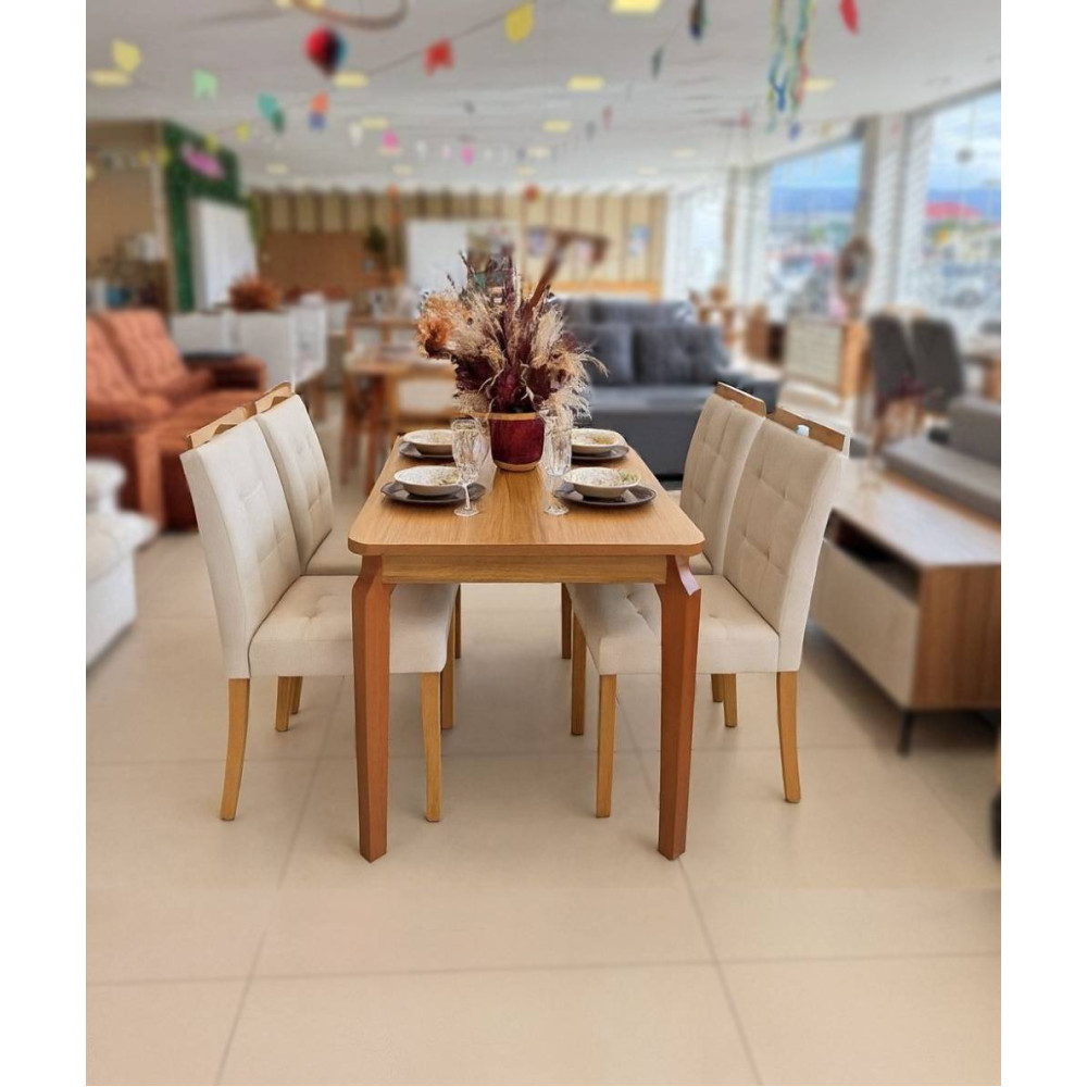 Mesa de Jantar Alegra Canto Copo 1,20 X 0,80 C/ 4 Cadeiras  Julia - Linho Bege