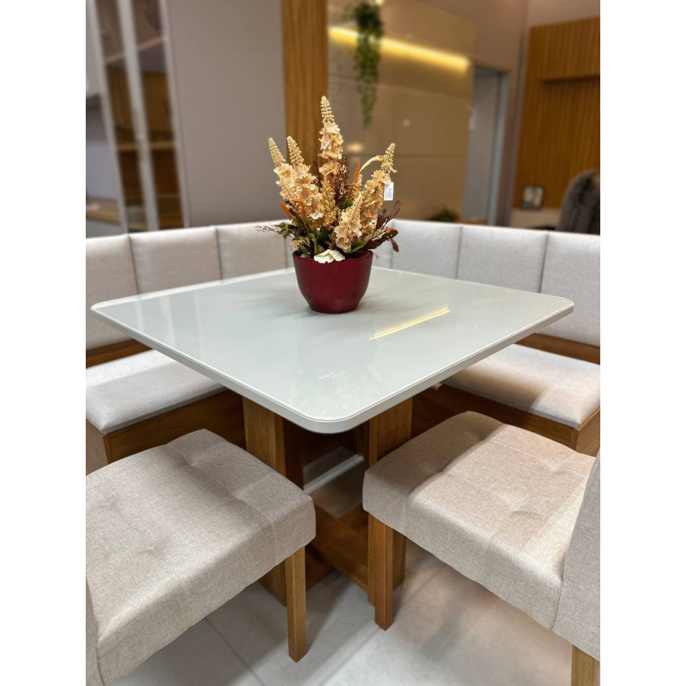 Conjunto Canto Romano com Baú + Mesa de Jantar Anjos Tampo c/ Vidro 90x90 c/ 2 Cadeiras Julia - Linho Bege