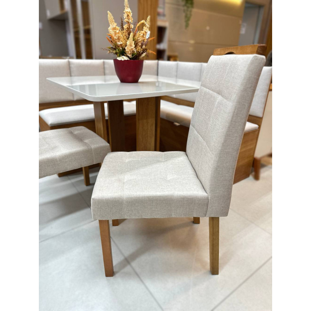 Conjunto Canto Romano com Baú + Mesa de Jantar Anjos Tampo c/ Vidro 90x90 c/ 2 Cadeiras Julia - Linho Bege