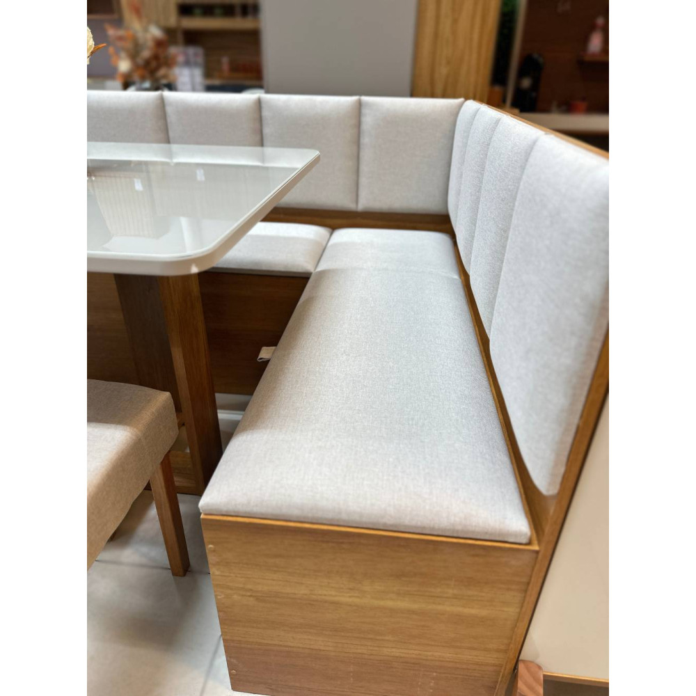 Conjunto Canto Romano com Baú + Mesa de Jantar Anjos Tampo c/ Vidro 90x90 c/ 2 Cadeiras Julia - Linho Bege