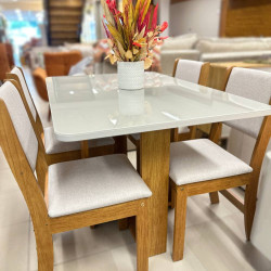 Mesa de Jantar Tokio Tampo c/ Vidro 120x80 c/ 4 Cadeiras Sol - Linho Bronze