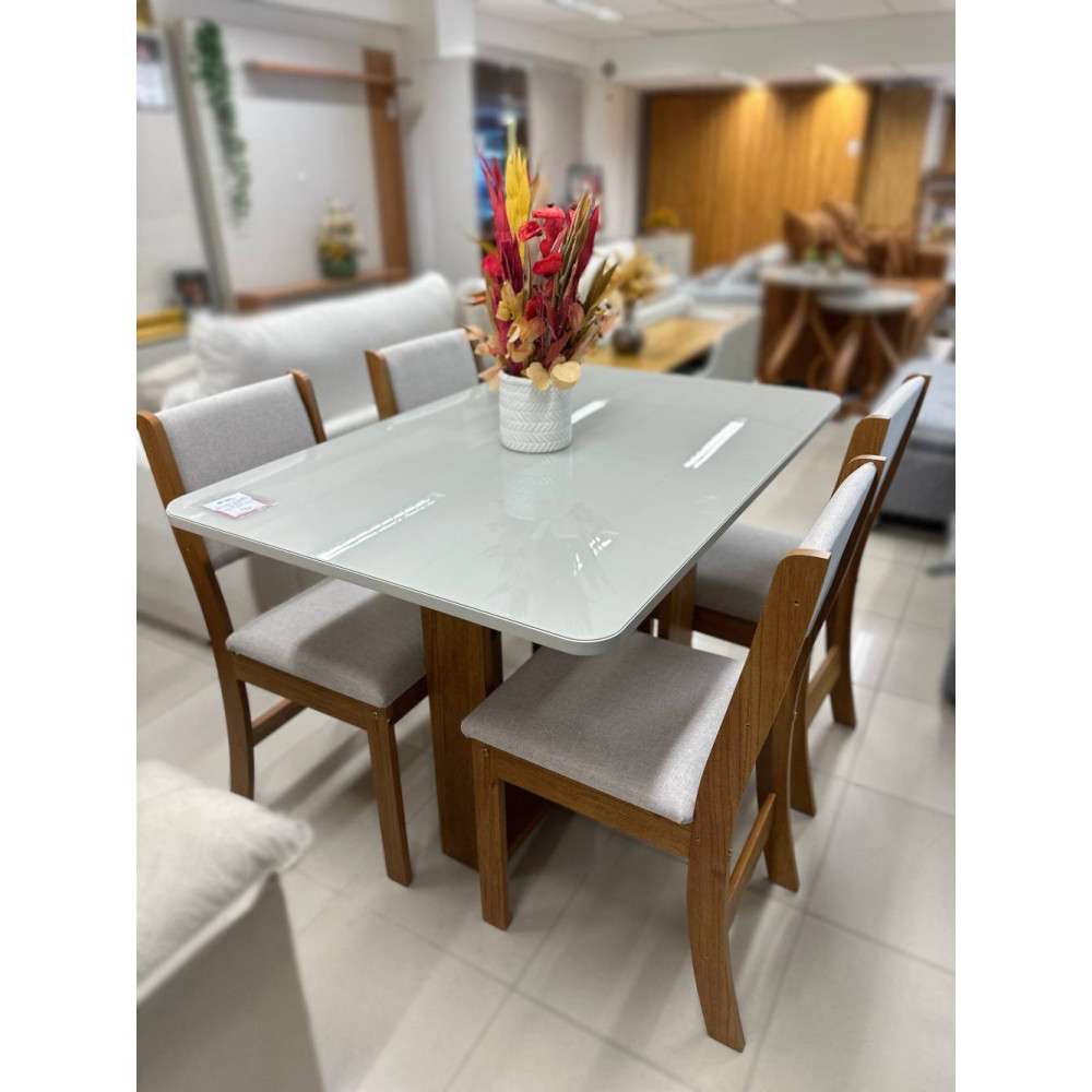 Mesa de Jantar Tokio Tampo c/ Vidro 120x80 c/ 4 Cadeiras Sol - Linho Bronze