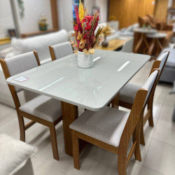 Mesa de Jantar Tokio Tampo c/ Vidro 120x80 c/ 4 Cadeiras Sol - Linho Bronze