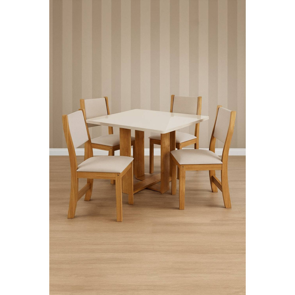 Mesa de Jantar Anjo Tampo c/ Vidro 90x90 c/ 4 Cadeiras Sol - Linho Bronze Mesa de Jantar Anjo Tampo c/ Vidro 90x90 c/ 4 Cadeiras Sol - Linho Bronze
