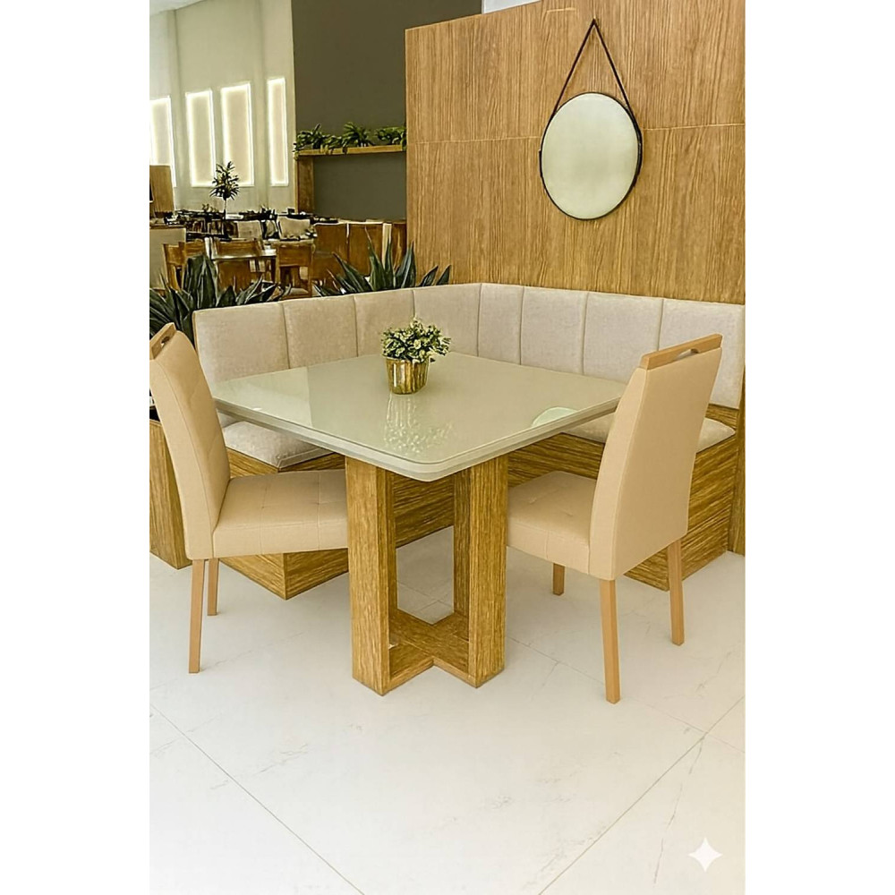 Conjunto Canto Romano com Baú + Mesa de Jantar Anjos Tampo c/ Vidro 90x90 c/ 2 Cadeiras Julia - Linho Bege